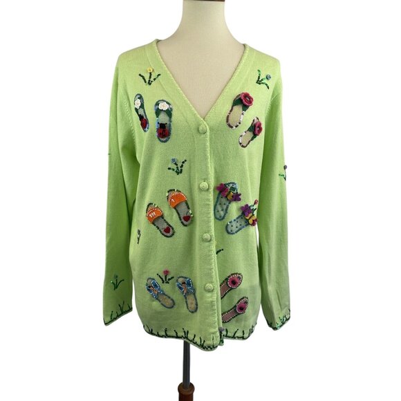 Quacker Factory Womens Cardigan Sweater M Green Sandals Novelty Long Sleeve - Picture 1 of 15